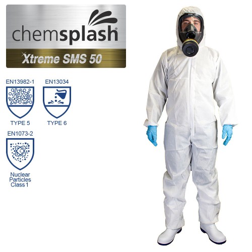 2544 CHEMSPLASH XTREME TYPE 5 6 HOODED COVERALL01-500x500 Vienkartinis kombinezonas Xtreme 50 SMS 2544, 5/6, balti, mėlyni, raudoni, oranžiniai (1vnt) - Image 1
